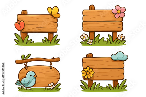 Cartoon spring wooden signboards set. Blank wood signs with flowers, butterfly, bird, cloud, grass. Cute nature banner collection for kids, garden, park, invitation, announcement, label, playground