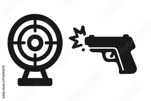 Shooting range concept with gun firing at a bullseye target. Metaphor for accuracy, precision, focus, and achieving goals. Pistol and target silhouette vector icon set.