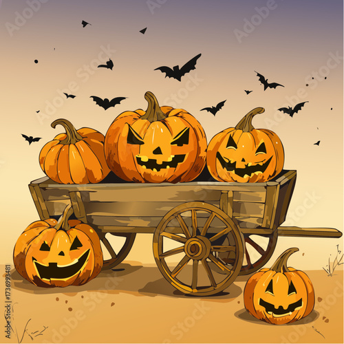 gouache jack-o-lantern wagon harvest scene print-ready vector for seasonal cards