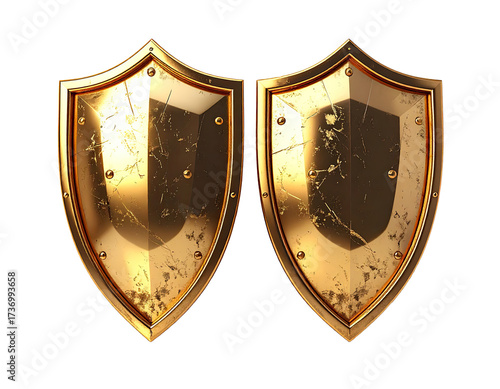 Two golden shields on a black background