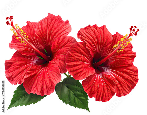 Two vibrant red hibiscus flowers with dark green leaves
