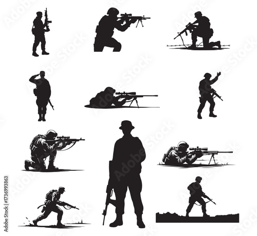 Army Soldier Silhouettes Vector. Sniper, Combat, Military Clip art Design.