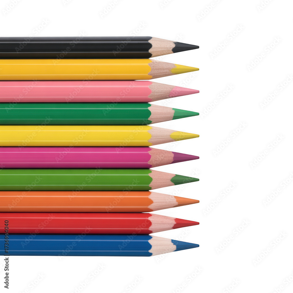 Fototapeta premium A vibrant array of sharpened colored pencils lying side by side isolated on transparent background