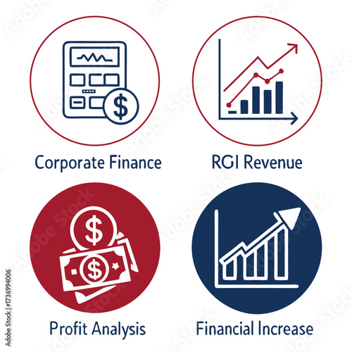 Financial calculator and graph icons in circles with labels Keywords: finance, calculator, graph, chart