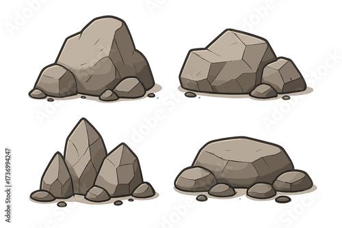 Cartoon rock icons set, various stone shapes collection, stylized vector rocky formations, isolated rocks, graphic element pack for game design, nature landscape, transparent background