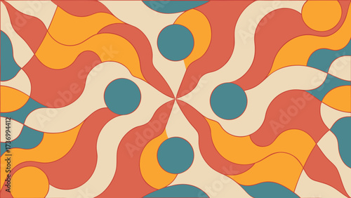 Seamless Groovy 70s Retro Pattern with Psychedelic Swirls and Circles - Symmetrical Vintage Abstract Background