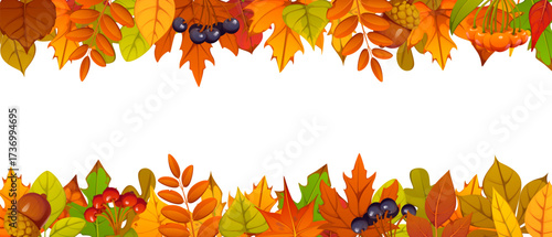 Autumn or fall season leaves border and frame background for seasonal holiday, vector banner. Autumn leaves foliage frame of maple and birch leaf with oak acorns and rowan berries for autumn greetings