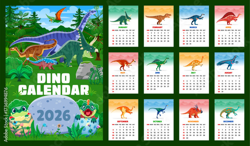 2026 calendar schedule with prehistoric dinosaurs for each month and cute cartoon baby dino reptiles hatching from the eggshells on the cover with vibrant jungle background. Fun Jurassic era calendar