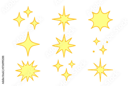 Bright yellow sparkle icons collection, glowing star bursts, shining light effects, sparkle explosions, vector cartoon illustration, transparent background, decorative highlights, luminous symbols