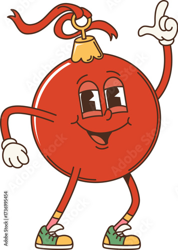 Retro groovy Christmas shiny red bauble character with expressive eyes, arms and legs in sneakers, striking a groovy dance pose with one hand pointing up and a cheerful smile. Cartoon vector Xmas ball