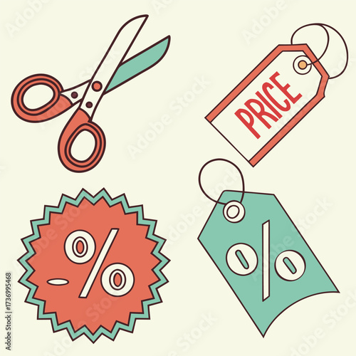 Price reduction and sale icons with scissors and tags Keywords: price, sale, discount, reduction, scissors