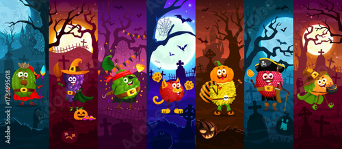 Cartoon Halloween fruit characters collage. Funny vector witches, pirates and monsters dressed in spooky costumes at graveyard backgrounds. Festive horror night scenes for seasonal party celebrations