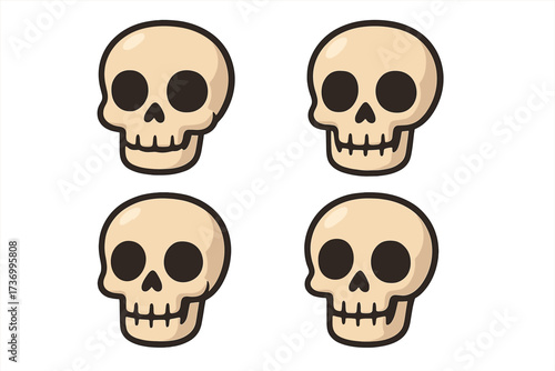 Cartoon skull icon set, Halloween spooky decoration, hand-drawn skull illustration, vector clipart, cute skeleton head, funny bone, spooky party decor, transparent background, creepy horror