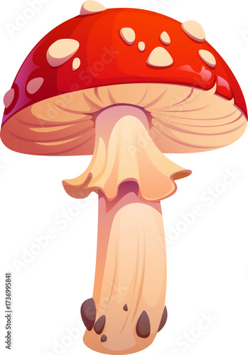 Cartoon autumn fall season fly agaric or amanita mushroom with red cap and white spots. Isolated vector toxic poisonous fungus plant for witch potions, eerie symbol of Halloween, spooky folklore