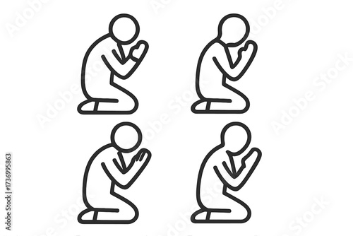 Praying Person Icon Set. Kneeling Human Figure Outline. Flat Style Vector Cartoon. Religious Worship Prayer Symbol. Spiritual Meditation Pose. Faith Devotion. Isolated Transparent Background Design