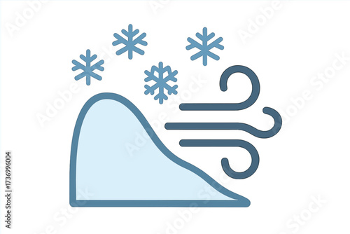 Snow Drift Symbol Vector Illustration. Winter Windy Weather Icon with Snowflakes and Snowdrift. Flat Cartoon Style. Cold Climate, Blizzard Warning Concept. Weather Forecast Graphic Isolated on White