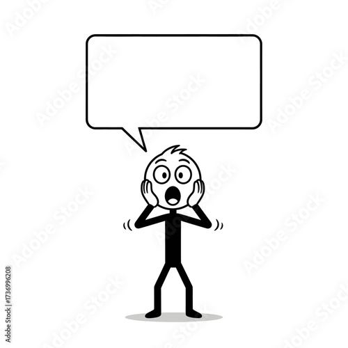 Shocked stickman with square speech bubble Doodle character in shock with hands raised and square bubble for text.