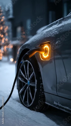 Close up of an electric vehicle plugged in and charging outdoors in a snow covered city environment. Modern mobility solutions and green energy usage highlighted in wintertime setting