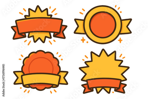 Cartoon vector badges collection. Sale banner set, award label, sticker, burst and ribbon template. Colorful promotion, marketing, discount, special offer elements with transparent background