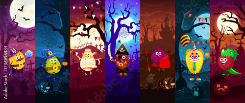 Cartoon fruit characters on Halloween collage. Cute vector fruits in funny costumes of witches, pirates, devils, mummies, clowns and dragons in spooky graveyard backgrounds celebrating party holiday