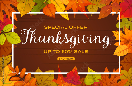 Autumn Thanksgiving sale banner, holiday discount template with orange, red, yellow and green fall leaves decorate a wooden board. Vector ads promotion for the fall season discount and price off event