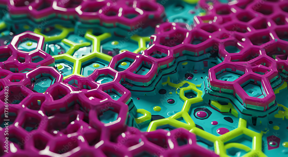 Fototapeta premium Close-up of a colorful, layered, abstract, cellular-like structure with hexagonal patterns.