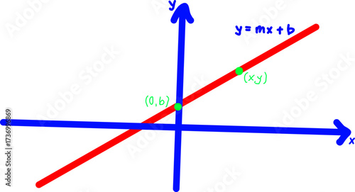 Colorful math graph showing linear equation y = mx + b with slope and intercept, highlighting coordinates and straight line for algebra, calculus, and education.
