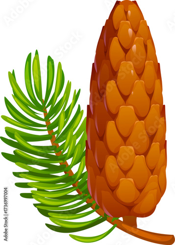 Cartoon spruce cone with evergreen needles captures the essence of autumn and fall season forest nature. Isolated vector elongated and woody seed bearing structure of a spruce or pine coniferous tree