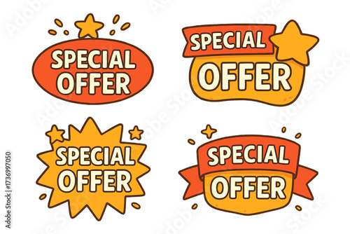 Special offer sale badge cartoon vector illustration, set of promotional discount banners with stars, burst shapes, red and yellow color, advertising sticker, transparent background design