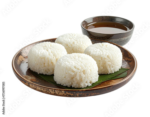 A plate of steamed rice portions, served with a small bowl of sauce