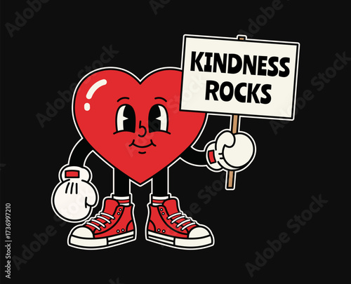 Vector art of kindness rocks, cartoon heart character holding a sign, positive message