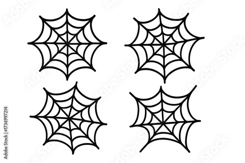 Spider web vector icons collection. Halloween decoration, spooky cobweb set, black cartoon illustration, isolated transparent background. Web element for scary party, horror design, digital asset.