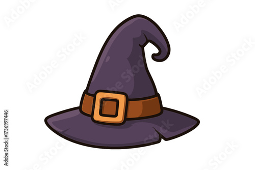 Cartoon vector witch hat illustration with brown belt and gold buckle, magical sorcerer costume accessory, Halloween fantasy wizard hat clipart, classic curved brim pointed cap design