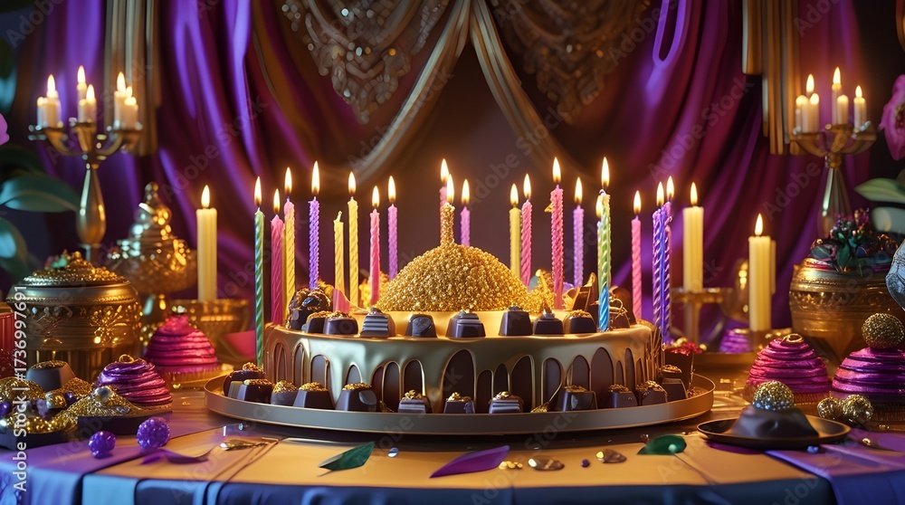 Obraz premium A stunning golden celebration cake sparkling with vibrant candles and rich chocolate treats creates a truly opulent and festive party atmosphere.