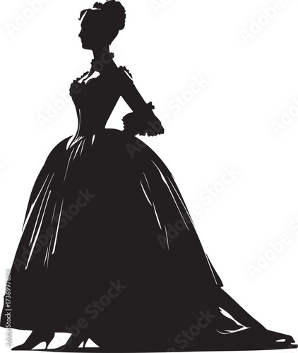 The silhouette image presents a woman from the side, elegantly dressed in a full gown, with intricate details on her sleeves and bodice, and her hair styled up.
