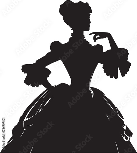 This is a silhouette image of an elegant woman in a vintage gown, with elaborate details on her dress and sleeves, posing in a graceful manner.