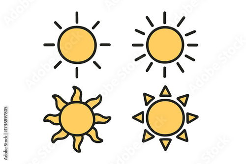 Hand drawn sun icon set, cartoon yellow sun symbols, four sun illustration collection, doodle weather sunlight vector, sunshine outline elements, transparent background, weather forecast clipart