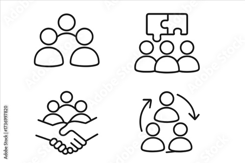 Teamwork collaboration icons set, team group management, partnership handshake, puzzle solution, leadership concept, linear style, vector illustration, transparent background, business organization
