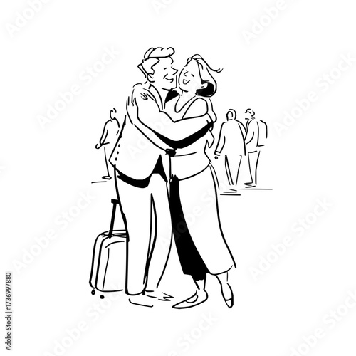 Airport reunion illustration: happy couple hugging after travel, arrival, and long distance relationship meet