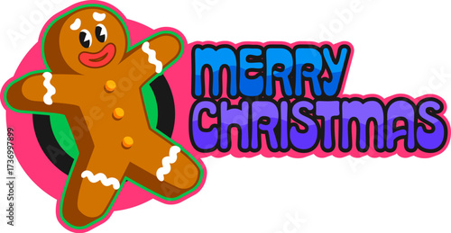 Merry Christmas holiday Y2K groovy sticker or retro tag. Merry Christmas funky sticker, Xmas groovy Y2K vector label. New Year celebration patch with gingerbread cookie man and colorful typography
