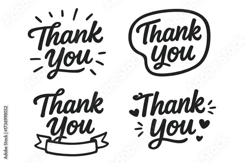 Thank you lettering set, hand drawn calligraphy thank you handwritten typography collection, cartoon thank you icons bundle, black vector illustration greetings, transparent background design element
