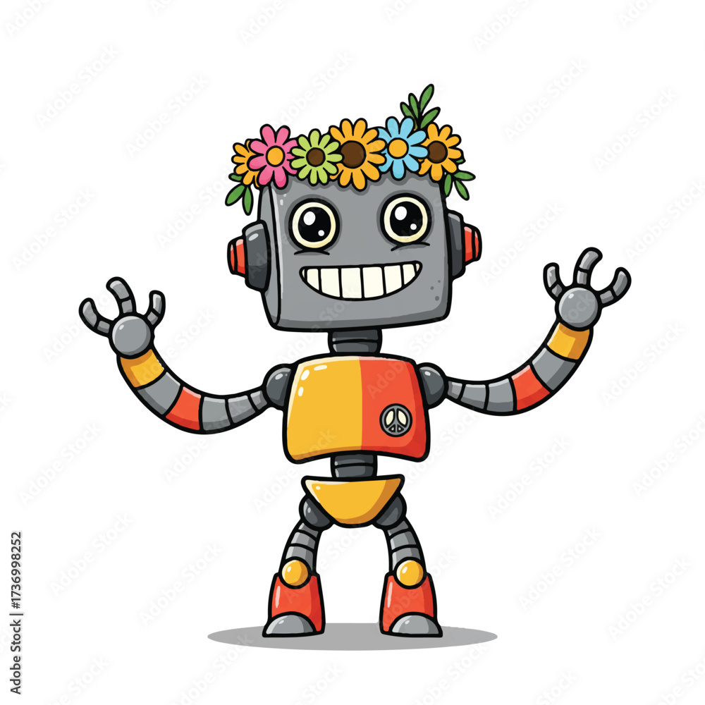 Obraz premium A vibrant and cheerful 2D flat cartoon hippie robot, adorned with a colorful flower crown and a wide, friendly smile, stands against a simple plain white background.