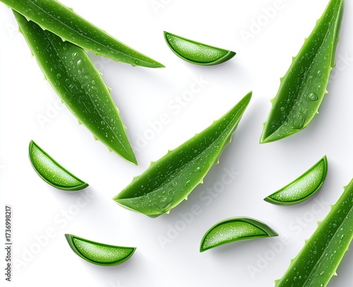 Fresh, green aloe vera leaves & slices scattered on white background. Realistic details, close-up