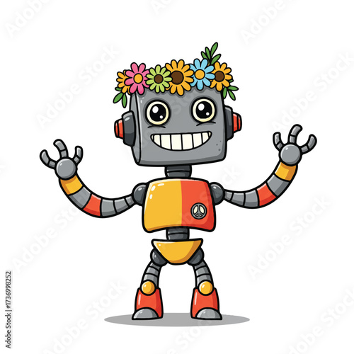 A vibrant and cheerful 2D flat cartoon hippie robot, adorned with a colorful flower crown and a wide, friendly smile, stands against a simple plain white background.