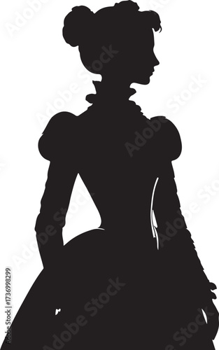 This is a high-contrast silhouette image of a woman in formal wear, capturing her elegant profile and the ornate details of her dress and elaborate hairstyle.