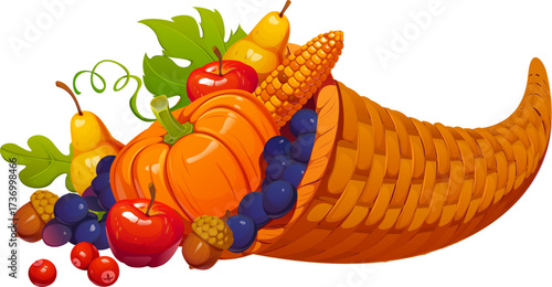 Happy Thanksgiving Day autumn harvest food icon for fall holiday, cartoon vector. Cornucopia horn with autumn harvest of pumpkins, fruits, and vegetables for Thanksgiving holiday greeting