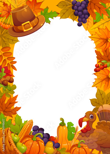 Happy Thanksgiving Day banner with frame of autumn leaves for fall holiday, vector poster. Funny turkey with pumpkin or corn harvest and cornucopia in maple and oak leaf frame for Thanksgiving holiday