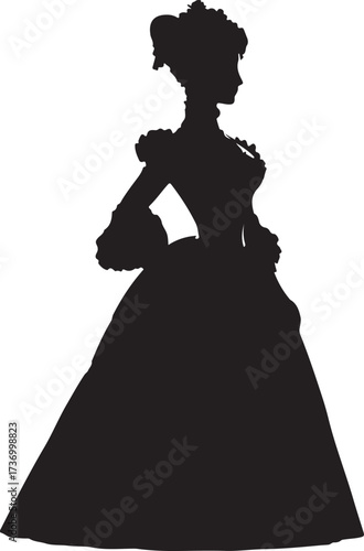 This is a silhouette of a woman in an elaborate 18th-century dress, complete with puffed sleeves, a tightly fitted bodice, and a wide skirt, reminiscent of the Rococo era.