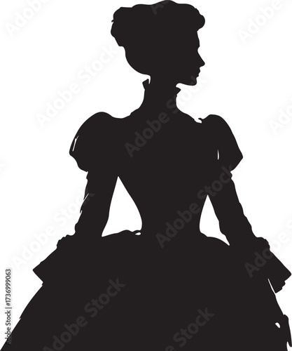 The image shows a full body silhouette of a woman with elaborate, voluminous hair, wearing a regal gown with puffed sleeves and a large skirt, gazing to the side.