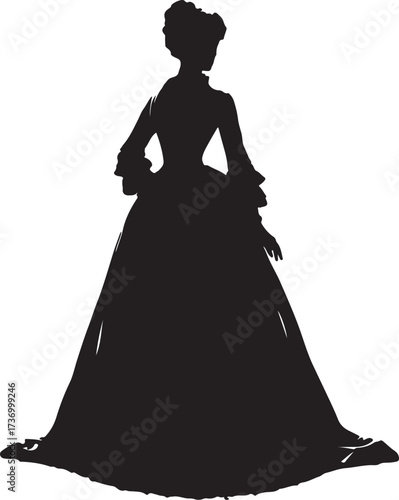 A full silhouette of a woman in an elaborate gown, possibly from the 18th or 19th century, stands with her dress spreading broadly at the hem.